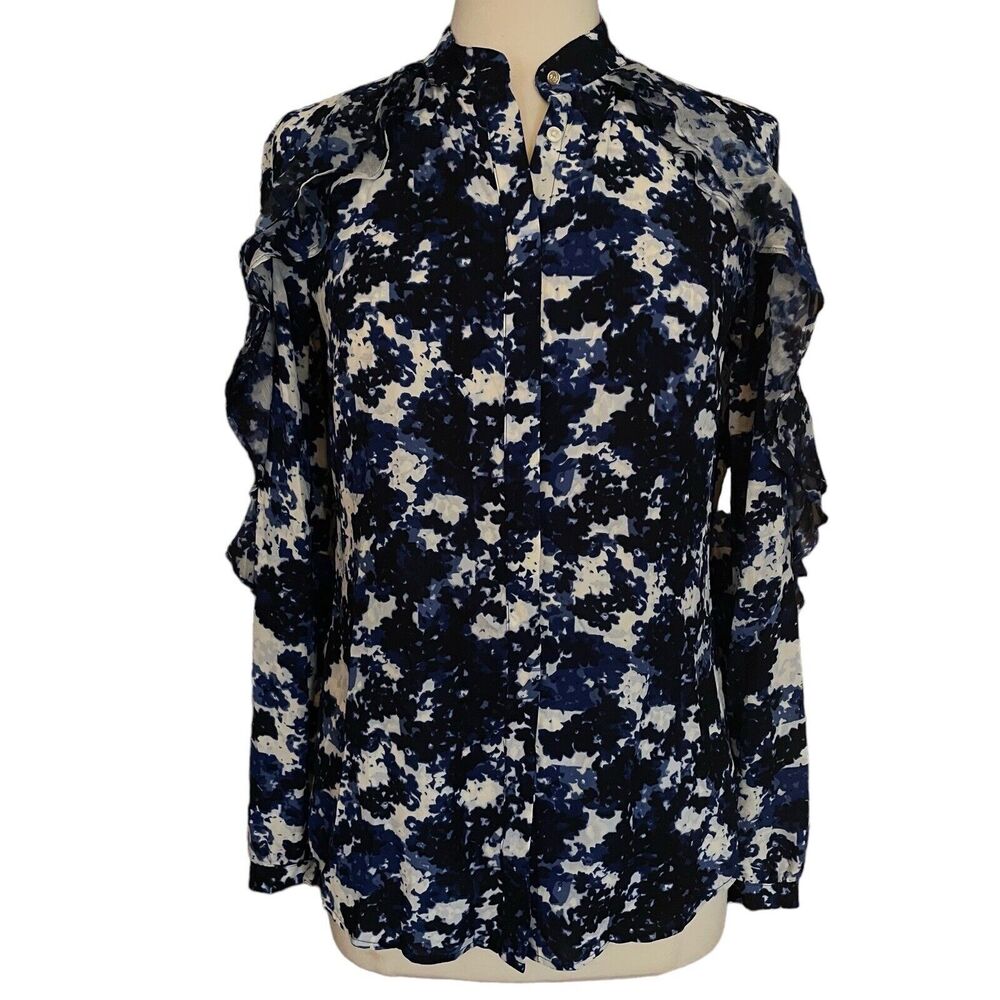 Lauren Ralph Lauren Blouse Sz S‎ Womens blue white Print Ruffled Sleeves Top